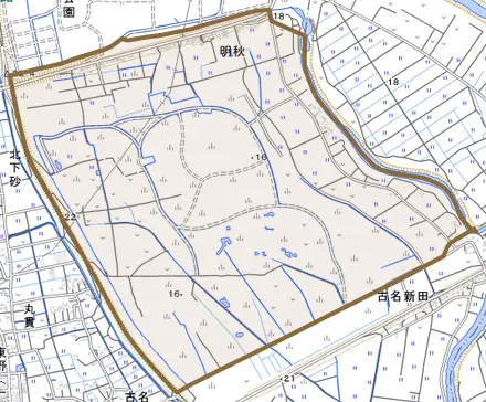 大字明秋とその周辺の地図。町の範囲を重ねている