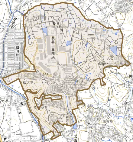 大字長谷とその周辺の地図。町の範囲を重ねている