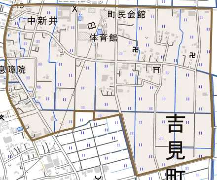 大字中新井とその周辺の地図。町の範囲を重ねている