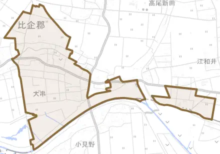 大字大串とその周辺の地図。町の範囲を重ねている