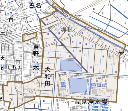 大字大和田とその周辺の地図。町の範囲を重ねている