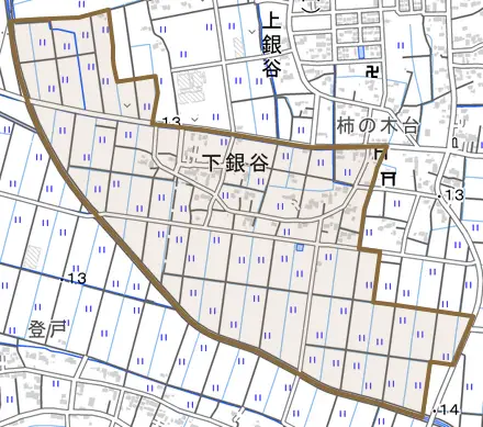 大字下銀谷とその周辺の地図。町の範囲を重ねている