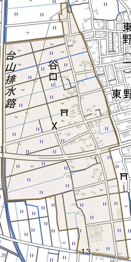 大字谷口とその周辺の地図。町の範囲を重ねている