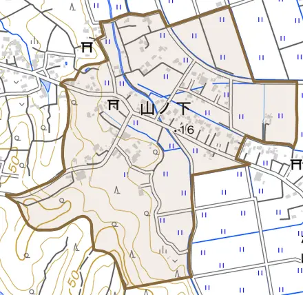 大字山ノ下とその周辺の地図。町の範囲を重ねている