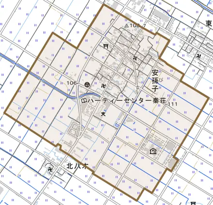 安孫子とその周辺の地図。町の範囲を重ねている
