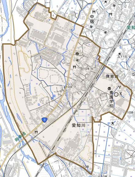 愛知川とその周辺の地図。町の範囲を重ねている