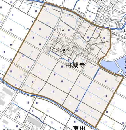 円城寺とその周辺の地図。町の範囲を重ねている