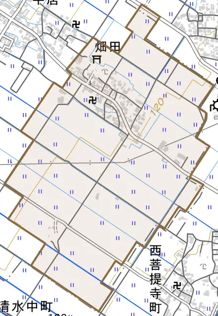 畑田とその周辺の地図。町の範囲を重ねている