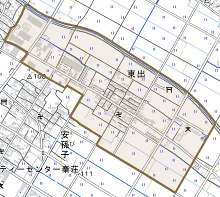 東出とその周辺の地図。町の範囲を重ねている
