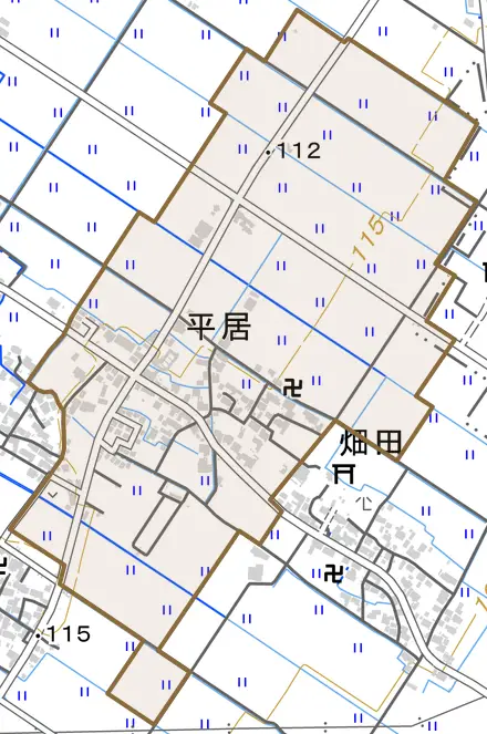 平居とその周辺の地図。町の範囲を重ねている