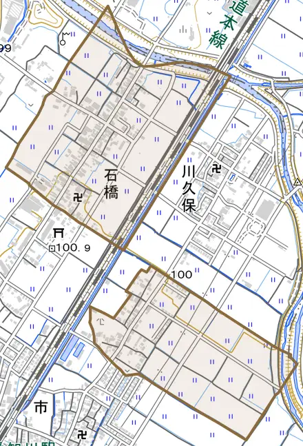 石橋とその周辺の地図。町の範囲を重ねている