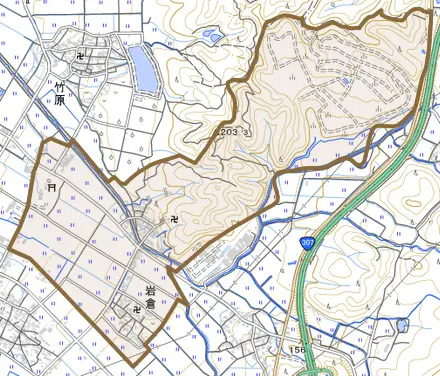 岩倉とその周辺の地図。町の範囲を重ねている
