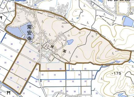 常安寺とその周辺の地図。町の範囲を重ねている