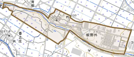 蚊野外とその周辺の地図。町の範囲を重ねている