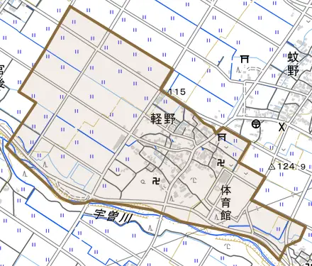 軽野とその周辺の地図。町の範囲を重ねている