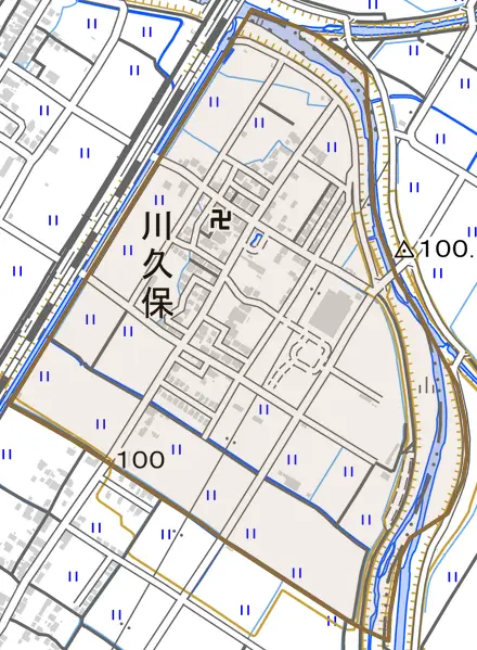 川久保とその周辺の地図。町の範囲を重ねている