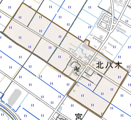 北八木とその周辺の地図。町の範囲を重ねている