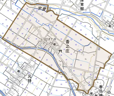香之庄とその周辺の地図。町の範囲を重ねている