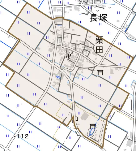 栗田とその周辺の地図。町の範囲を重ねている