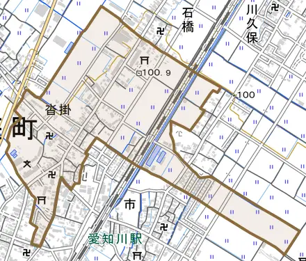 沓掛とその周辺の地図。町の範囲を重ねている