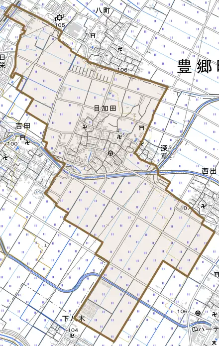 目加田とその周辺の地図。町の範囲を重ねている