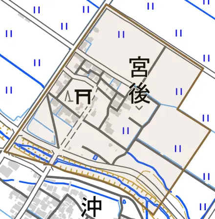 宮後とその周辺の地図。町の範囲を重ねている