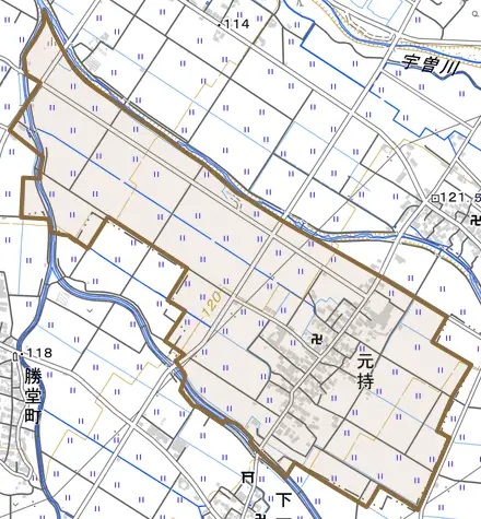 元持とその周辺の地図。町の範囲を重ねている
