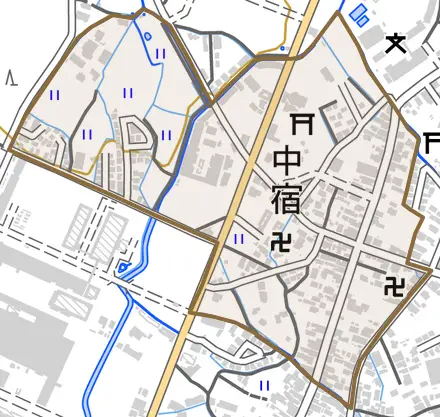 中宿とその周辺の地図。町の範囲を重ねている
