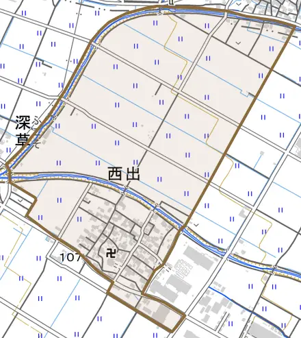 西出とその周辺の地図。町の範囲を重ねている