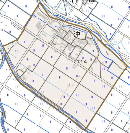 沖とその周辺の地図。町の範囲を重ねている