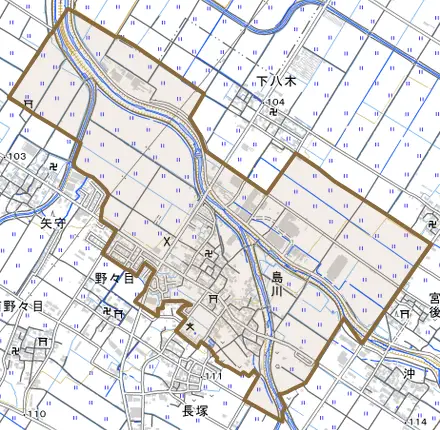 島川とその周辺の地図。町の範囲を重ねている