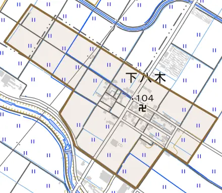 下八木とその周辺の地図。町の範囲を重ねている