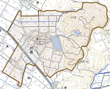 竹原とその周辺の地図。町の範囲を重ねている