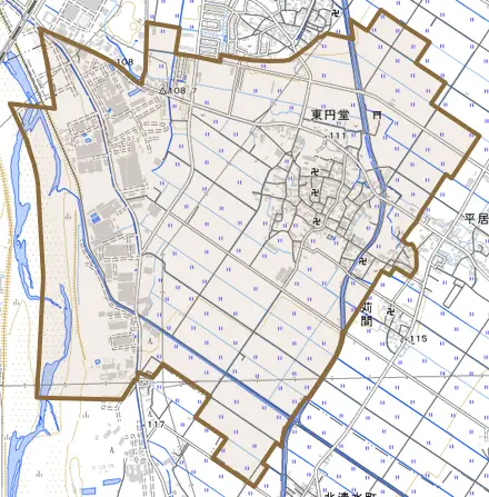 東円堂とその周辺の地図。町の範囲を重ねている