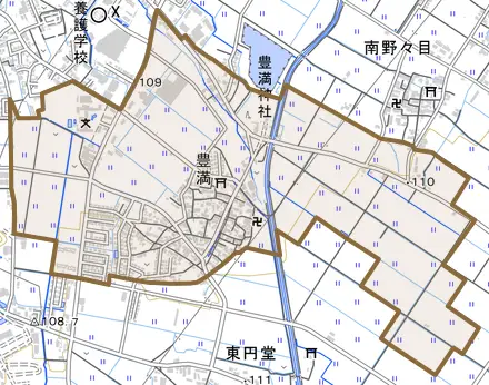 豊満とその周辺の地図。町の範囲を重ねている