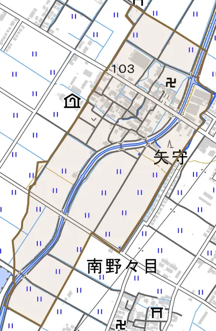 矢守とその周辺の地図。町の範囲を重ねている