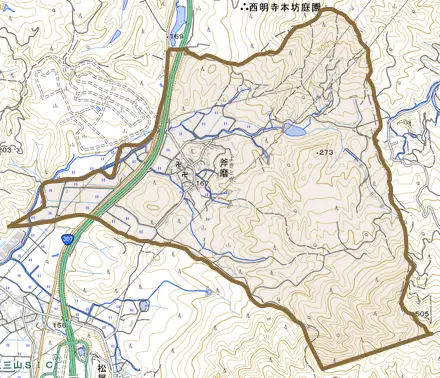 斧磨とその周辺の地図。町の範囲を重ねている