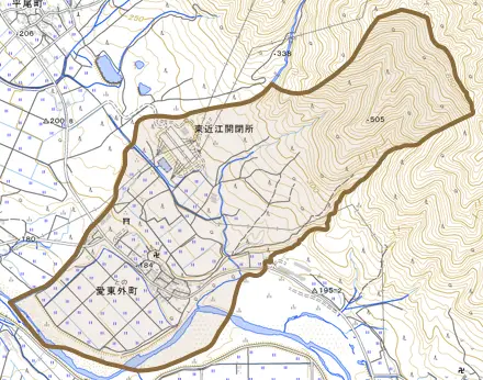 愛東外町とその周辺の地図。町の範囲を重ねている