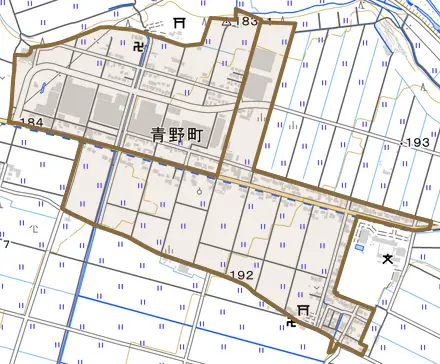 青野町とその周辺の地図。町の範囲を重ねている