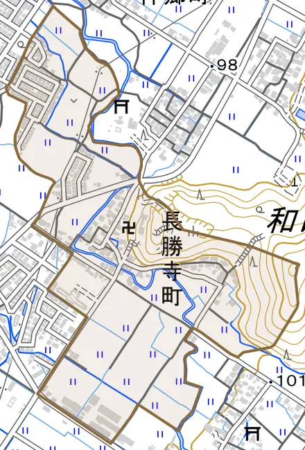 長勝寺町とその周辺の地図。町の範囲を重ねている