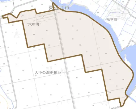 大中町とその周辺の地図。町の範囲を重ねている