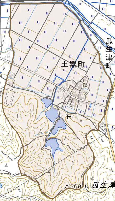 土器町とその周辺の地図。町の範囲を重ねている