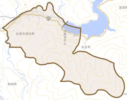 永源寺相谷町とその周辺の地図。町の範囲を重ねている