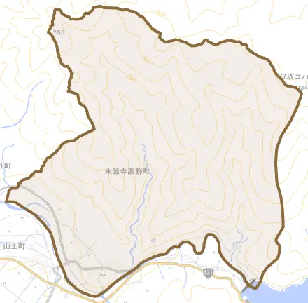 永源寺高野町とその周辺の地図。町の範囲を重ねている