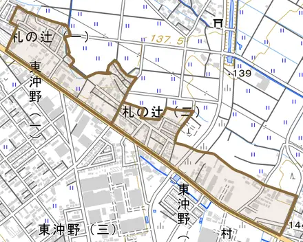 札の辻とその周辺の地図。町の範囲を重ねている