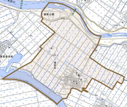 福堂町とその周辺の地図。町の範囲を重ねている