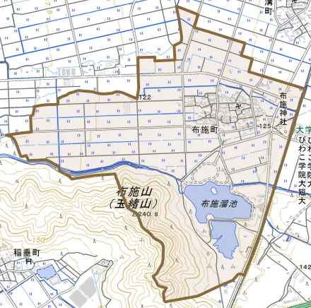 布施町とその周辺の地図。町の範囲を重ねている