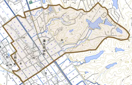 蒲生岡本町とその周辺の地図。町の範囲を重ねている