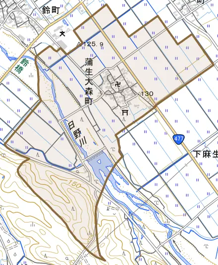 蒲生大森町とその周辺の地図。町の範囲を重ねている