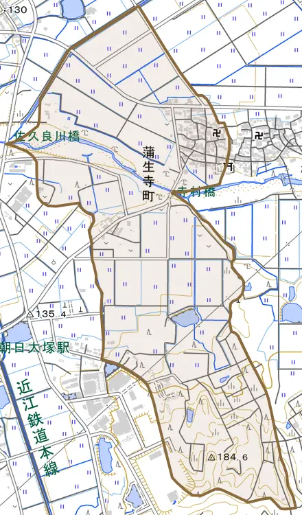 蒲生寺町とその周辺の地図。町の範囲を重ねている